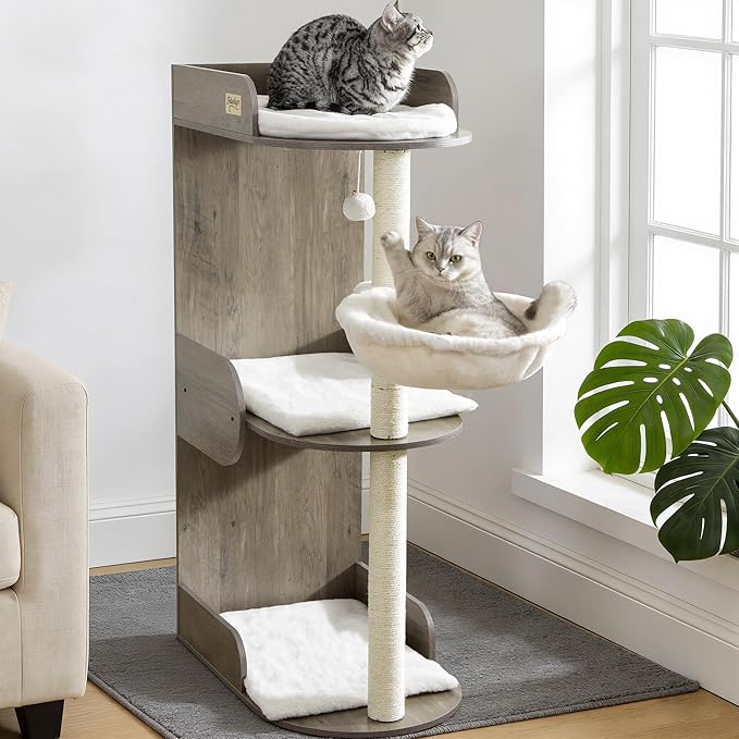 Modern Wood Cat Tree Tower for Indoor Large Cats, Cat Scratching Posts with Big Perch Bed, 44.8" Tall Multi-Level Wooden Cat Condo with Hammock, Removable Pads, Kitty Furniture, Greigy