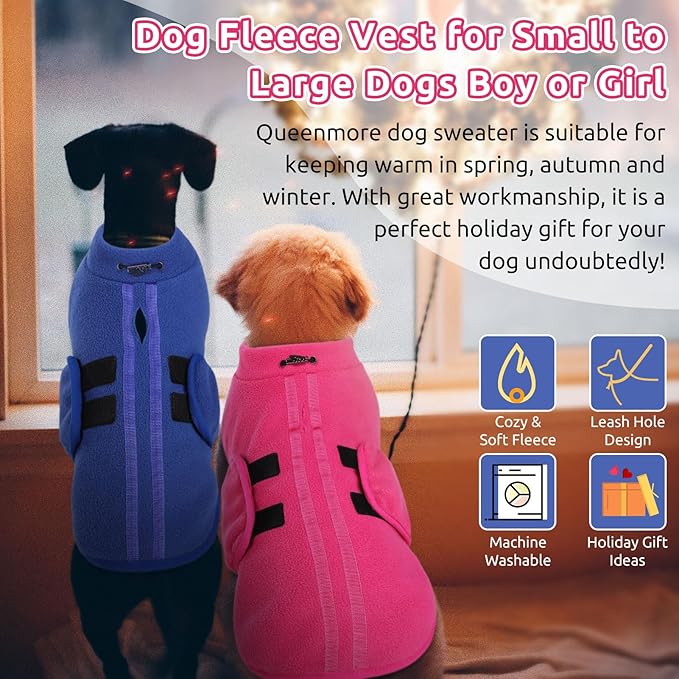 Queenmore XXL Dog Sweater, Soft Fleece Vest Pullover Jacket with Leash Hole, Warm Winter Coats for Cold Weather - Dachshund & Cat Sizes - Boy & Girl (Blue, XXL)