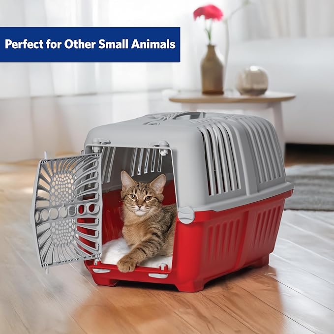 MidWest Homes for Pets Spree Travel Carrier - Hard-Sided Dog & Cat Carrier, Small Pet Travel Crate with Handle, Ventilated Design, Durable Plastic Door, Easy Assembly, 22-Inch, Red