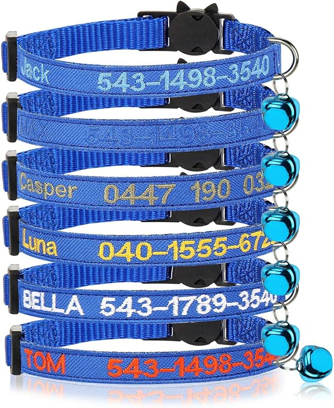 Personalized Cat Collar Embroidered Pet Name and Number Kitten Collar with Bell & Breakaway Safety Buckle