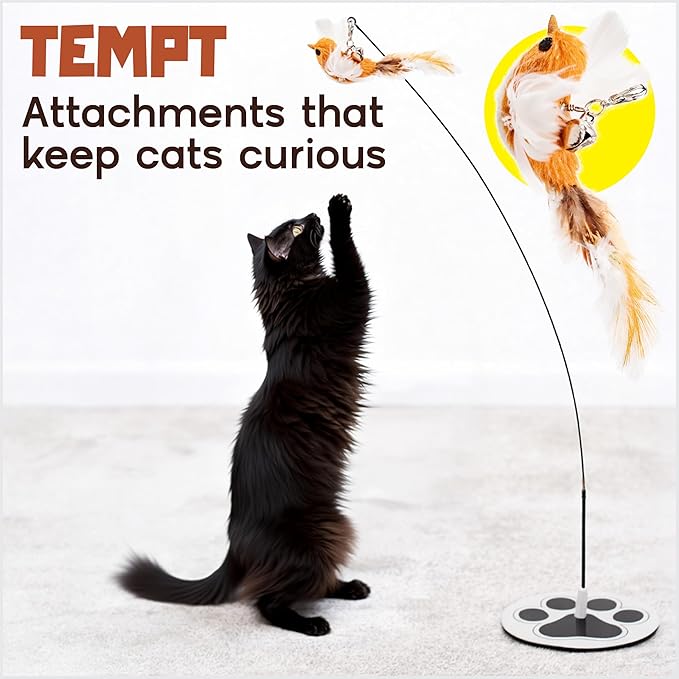 Interactive Cat Toys for Bored Indoor Adult Felines - Any Surface Base Teaser Wand - Feather Stimulation Activity - Bird Simulation Self Play Kitten Enrichment Solo Exercise - Juguetes para Gatos