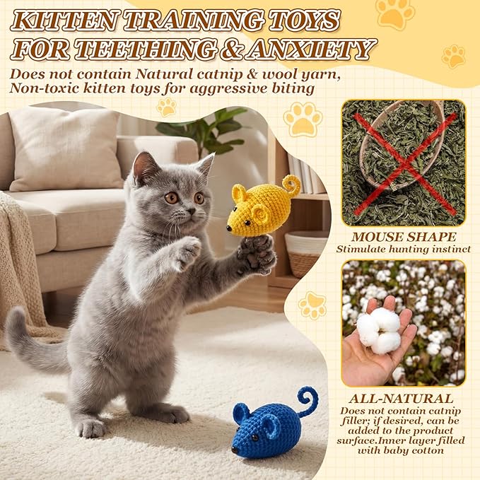 Outus 10 Pcs 3.5inch Crochet Mice Cat Toys Bulk Interactive Cat Mouse Toys Knitted Chew Animals Toy for Indoor Cats Kittens Cleaning Teething Kicker Chasing and Batting