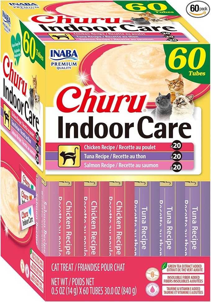 INABA Churu Indoor Care for Hairball Control, Functional Lickable Cat Treat with Taurine & Green Tea Extract, 0.5oz Each, 60 Tubes Total, Chicken & Seafood Variety