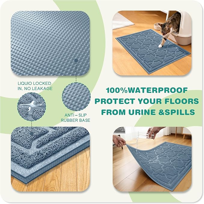 Yimobra Cat Litter Mat, Litter Trapping Waterproof Non Slip PVC Mat, Scatter Control Easy Clean for Litter Box, 47"x36", Tea Blue
