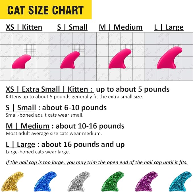 zetpo Glitter Cat Nail Caps | Cat Claw Covers | with Adhesives and Applicators (6X Glitter | 120 pcs, XS)