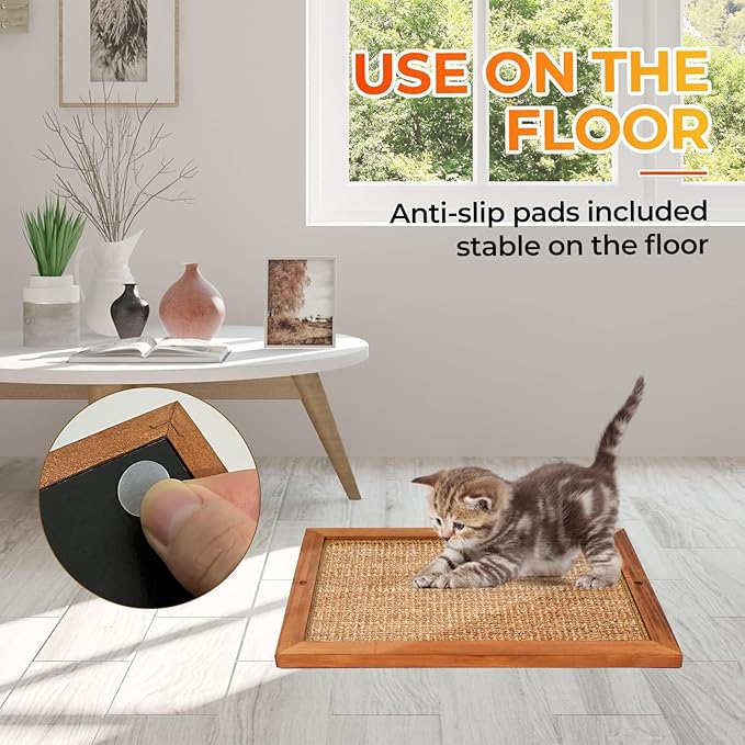 Cat Scratching Post, Natural Wooden Sisal Cat Scratch Pad, Floor or Wall Mounted Vertical Cat Scratcher Mat for Indoor Cats Adults or Kittens, Scratching Board Cat Wall Furniture Protector
