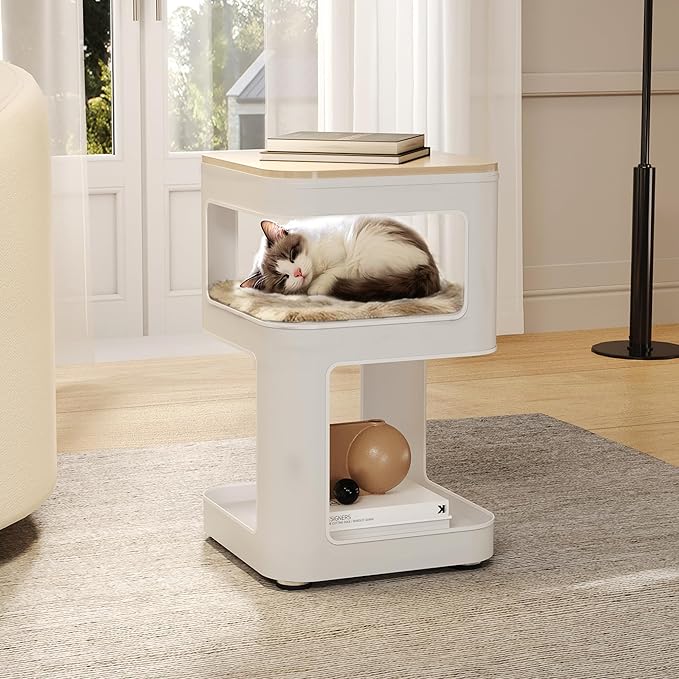 EUREKA ERGONOMIC Side Table Cat Beds, Square End Table with Cat House, Metal Nightstand with 3 Tier Storage, Modern Side Table End Beside Table for Living Room Bedroom Indoor, Easy Assembly, White