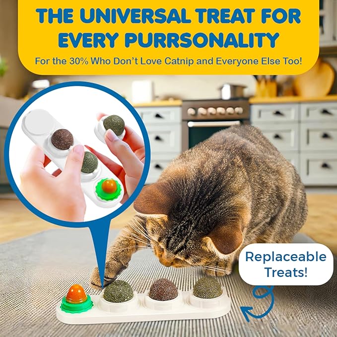 SunGrow Catnip Balls for Wall, 4 Slots - Mint, Wooden Vine, Insect Fruit, Cat Candy, Edible Kitty Chew Toys for Entertainment & Oral Care, Detachable and Rotatable Design, White, 8" x 2" x 1.5", 1 Pc 