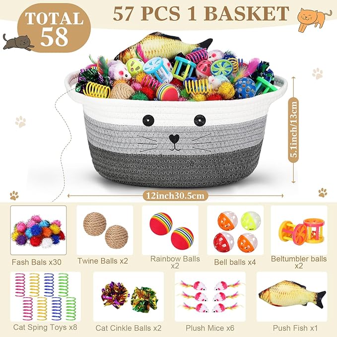 Zopeal 58 Pcs Summer Graduation Cat Storage Basket Gift Toys Set, Colorful Flashing Balls Pet Bell Crinkle Balls Spring Toys Attract Cat to Swat, Hunt, Interactive for Pet(Multicolor,12 Inch)