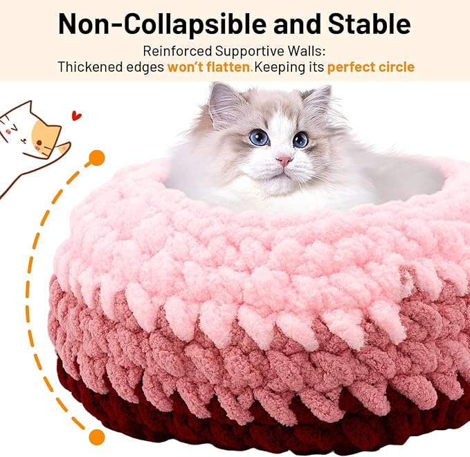 Handwoven Soft Cat Cave Bed, Indoor Cat Beds with Washable Round Nest, Kitten House & Cat Furniture, Cloud Pink