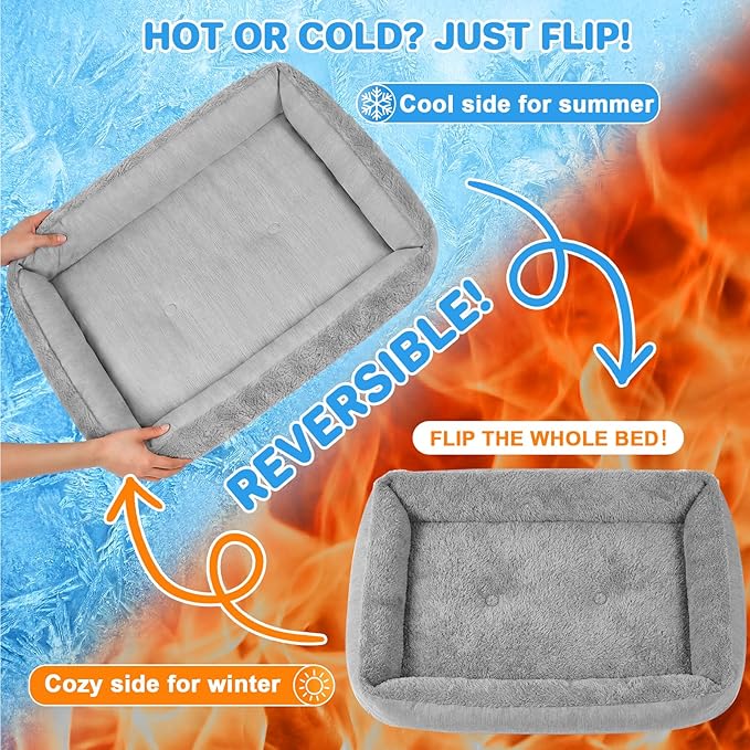 Washable Dog Bed for Small, Medium & Large Dogs - Reversible Design (Ice‑Silk Cooling Layer | Sherpa Fleece Layer), Rectangle Dog Beds for Crate, Grey (24" × 15")