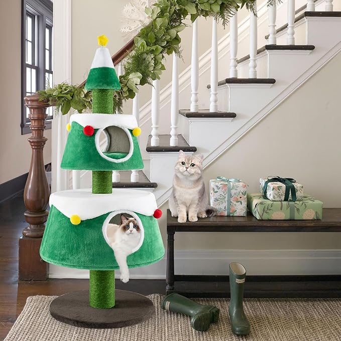 Dreamade 60" Christmas Cat Tower with 2-Level Cat Condos, Premium Scratching Posts,Star Design, Play Center for Kittens, Festive Cat Hideaway Furniture, Green
