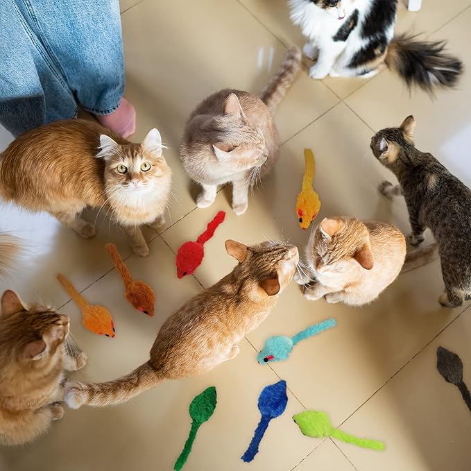 Sosation 120 Pcs Rainbow Furry Cat Mouse Toys Interactive Rattle Cat Toy Mice Small Soft Rustle Sound Kitten Toys for Pets Cat Puppy Kittens Play, Assorted Colors