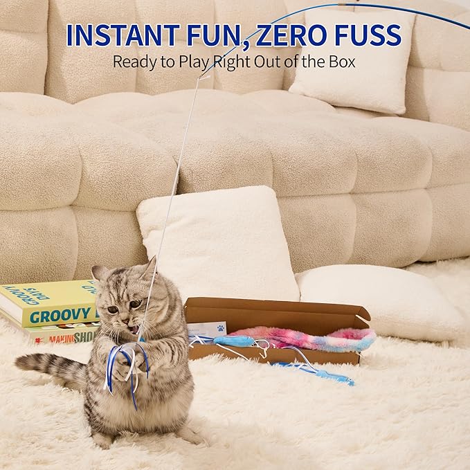 Cat Teaser Wand Toy - Interactive Play Set for Kittens & Cats with Magic Foldable Fabric StripMagic Foldable Fabric Strip, XL Mouse, 2 Large Fish & Telescoping Carbon Fiber Rod for Indoor Exercise