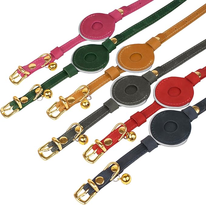 OOPSDOGGY Reflective Leather AirTag Cat Collar with Bell - Non Breakaway Adjustable Pet Collar with Apple Air Tag Holder - Lightweight GPS Kitten Collars for Small Dogs Puppy Girl Boy (Green)