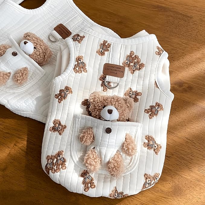 Cute Pet Apparel Plush Bear Pattern Cartoon Dog Clothes All Season Sleeveless Puppy Kitten Pullover Soft Skin-Friendly (White2, M (4.4-7.7lbs))