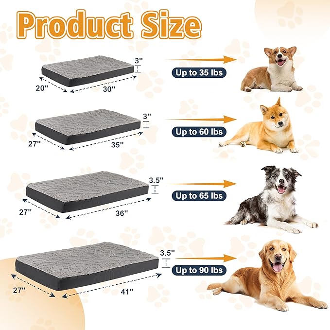 Orthopedic Dog Beds Large Sized Dog – Waterproof Plush Pet Mattress with Removable Washable Cover, Non-Slip Bottom, Memory Foam Mat for Crate, 35x22 Inch, Grey