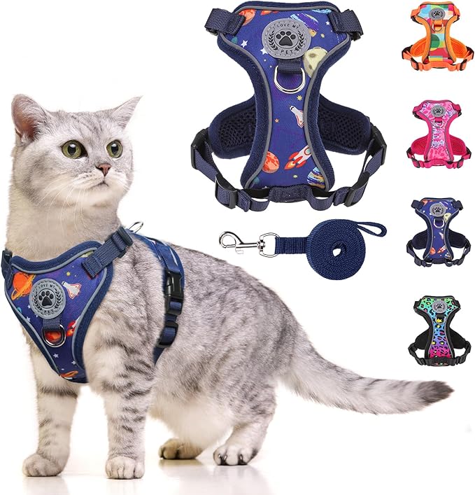 BEAUTYZOO Cat Harness and Leash for Walking, Escape Proof Soft Adjustable Vest Harnesses for Medium Large Cats, Easy Control Breathable Reflective Strips Jacket, Blue, M