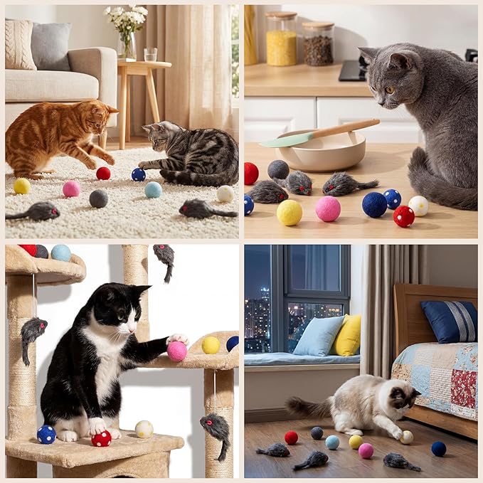 Outus 15 Pcs Toys for Cats Kittens Bulk with 6 Furry Cat Mice Interactive Catch Play 9 Wool Pom Toy Ball Fur Mouse Soft Quiet Fabric Kitty Balls for Indoor Yard House Patio, No Catnip