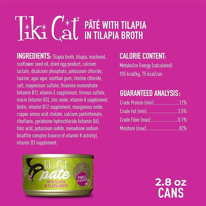 Tiki Cat Luau Pate, Tilapia Recipe in Tilapia Consumme, Grain-Free Balanced Nutrition Wet Canned Cat Food, for All Life Stages, 2.8 oz. Can (12 Count)