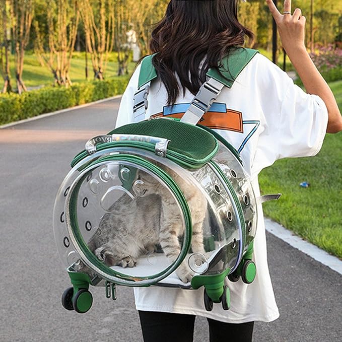 2025 Upgraded Cat Carrier Cat Backpack Pet Carrier Pet Trolley Case Clear Ventilation Holes Silent Wheels Convenient Portable Cats Dogs Backpack for Travel（Green）
