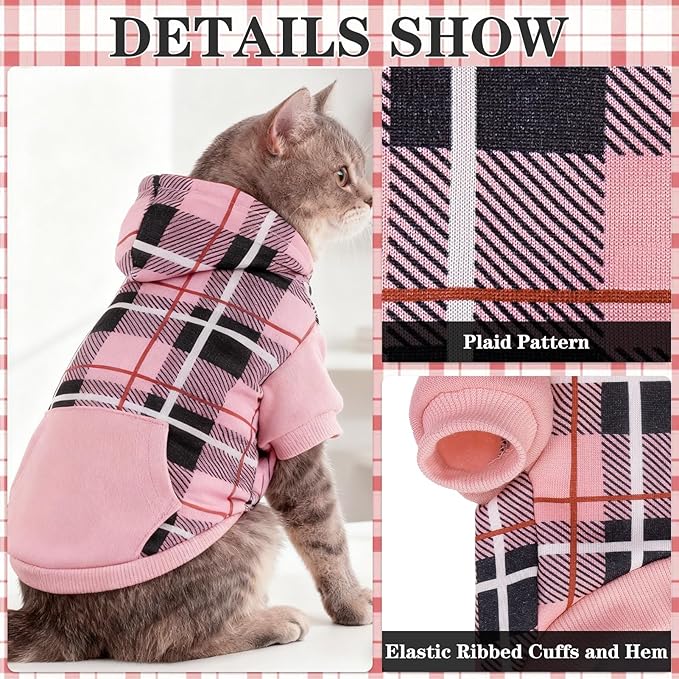EXPAWLORER Plaid Cat Hoodie - British Style Warm Cat Sweater Shirt with Leash Hole,Pet Clothes Outfits,Winter Coat Apparel for Puppy Cats Girl Boy-Kitten Apparel,Pink XL