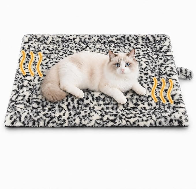 Self Warming Cat Pad for Cats and Small Dogs, Non Electric Thermal Pet Mat, Washable Soft Sleeping Mat with Non Slip Backing, Indoor & Sheltered Outdoor Use, 22 x 18 in, Black/White