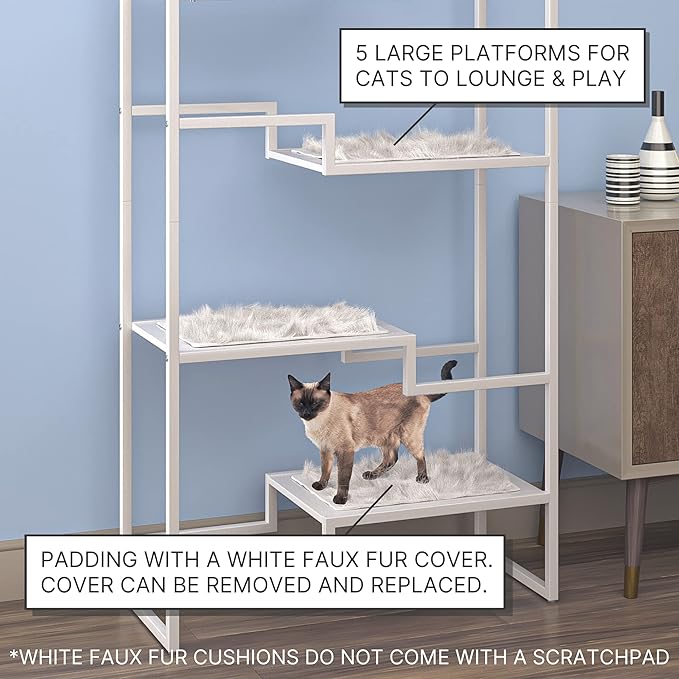 The Refined Feline 62 Inch Tall Metropolitan Cat Condo, White Metal Frame Cat Tower, Multi-Level Modern Cat Tree for Indoor Cats, White Platforms with Faux Fur Replaceable Cushions