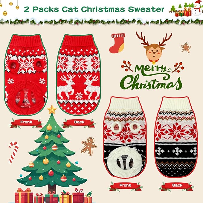 BWOGUE 2 Pack Cat & Puppy Christmas Sweaters - Knitwear Turtleneck Kitten Sweaters with Reindeer & Snowflake Designs (S)