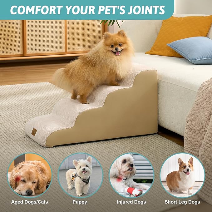 COZY KISS Dog Stairs for Small Dogs 15.7" H, 4-Step Sturdy Foam Dog Steps for Couch and Bed, Curved Pet Stairs for Puppy and Older Cat, Doggie Ladder with Washable Cover, 15.7x28.3x15.7 inch, Beige
