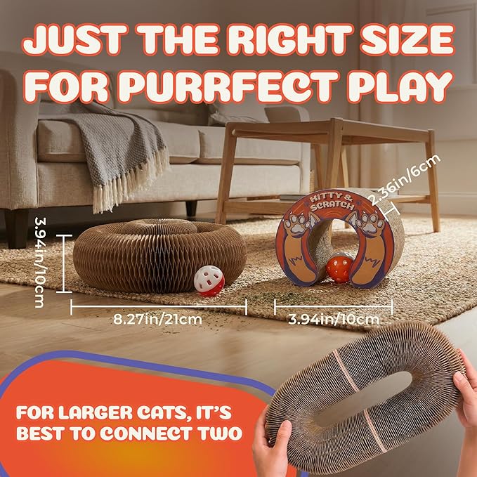 Kitty&Scratch Cat Scratcher Toy | Cardboard Cat Toy with Ball Track with Bell | Kitty Kurlz | Kitty Curls Style Accordion Toy | Expandable Reversible Cardboard Scratcher for Cats & Kittens