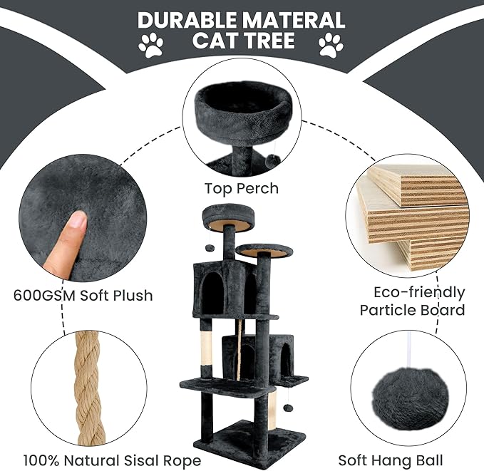57inch Large Cat Tree Tower Condo for Indoor Cats, Soft Plush Multi-Level Climbing Tree Cat House with Cat Cave, Scratching Post, More Entrance/Exit, Sisal Rope, Grey Black
