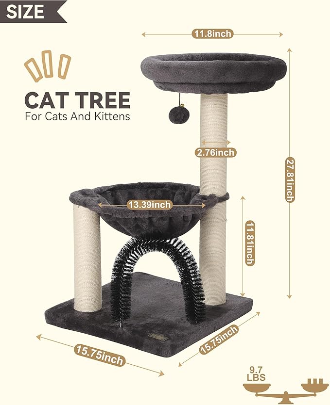 Small Cat Tree Tower for Indoor Cats, 27.8" Multi-Level Cat Tree with Scratching Posts| Plush Hammock| Perch| Self Groomer Brush| Dangling Ball for Kittens/Small Cats Play & Rest