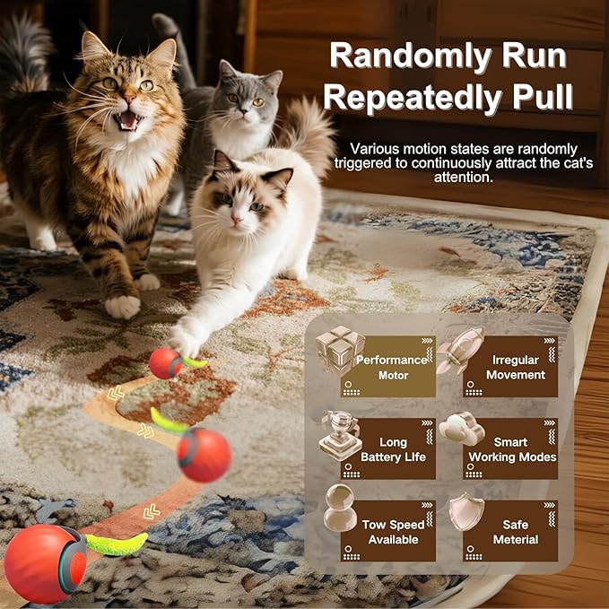 Interactive Cat Ball for Indoor Cats - Dual-Speed Automatic Rolling Ball Toy with 90Min Run Time, Plush + Feather Tails, Energetic Cat Chase Exercise, Blue/Orange, 1PC