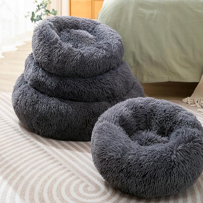 Cat Bed Plush Donut Dog Bed Fluffy Calming Pet Bed Dog Round Bed Cat Round Bed Warm Kitten Nest Rabbit Cave Kitten Bed Ideal for Small 3KG Pet