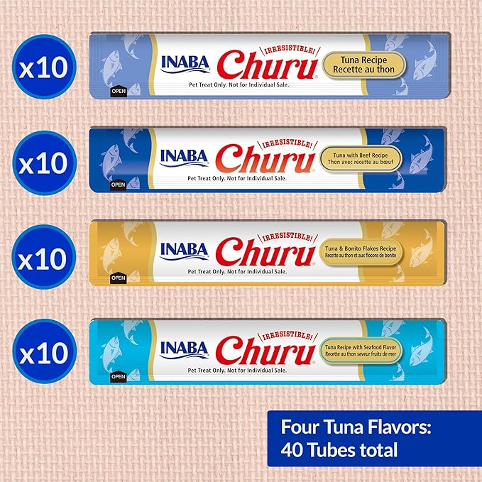 INABA Churu Cat Treats, Lickable, Squeezable Creamy Purée Cat Treat with Green Tea Extract & Taurine, 0.5 Ounces Each Tube, 40 Tubes, Tuna Variety Box