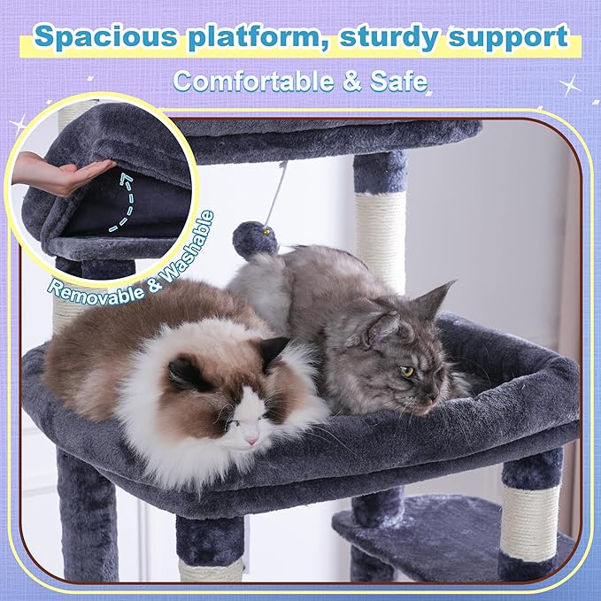 Hey-brother Cat Tree Tower, Scratching Posts with Extra Large Platform and Basket, Specious Condo, 2 Cozy Hammocks, Scratch Board for Indoor Adult Cats, Maine Coon 71.7 inches, Smoky Gray MPJ080G