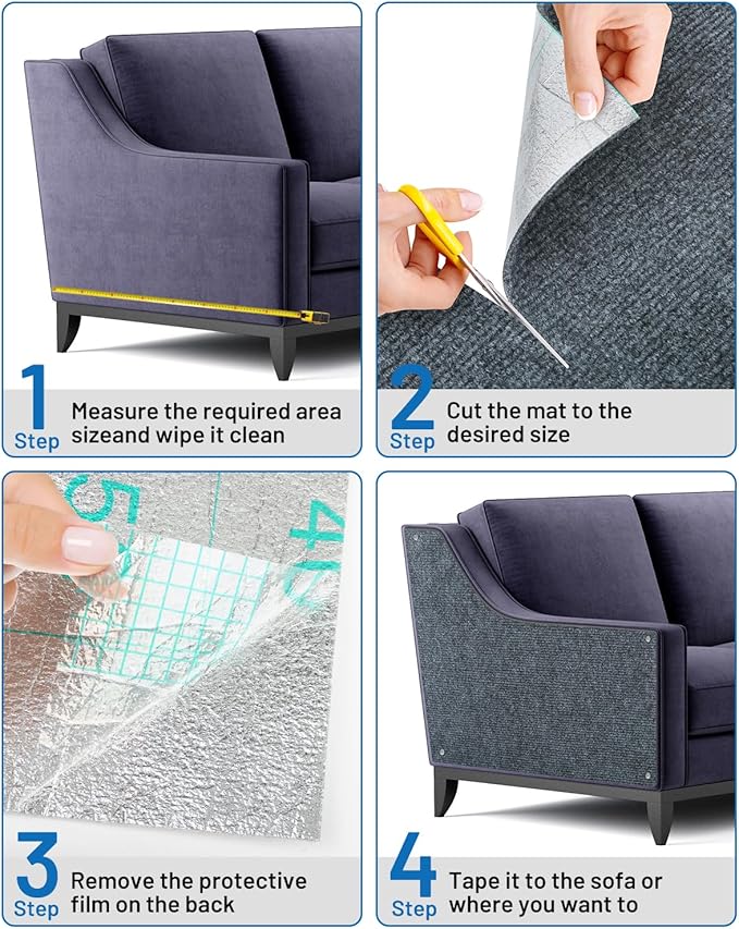 Cat Scratch Couch Furniture Protector, 78.7in x 15.8in Self-Adhesive Cat Scratch Mats, Trimmable DIY Cat Scratcher Pads for Wall, Couch Corner, Cat Tower and Replacement Pads (Gray)