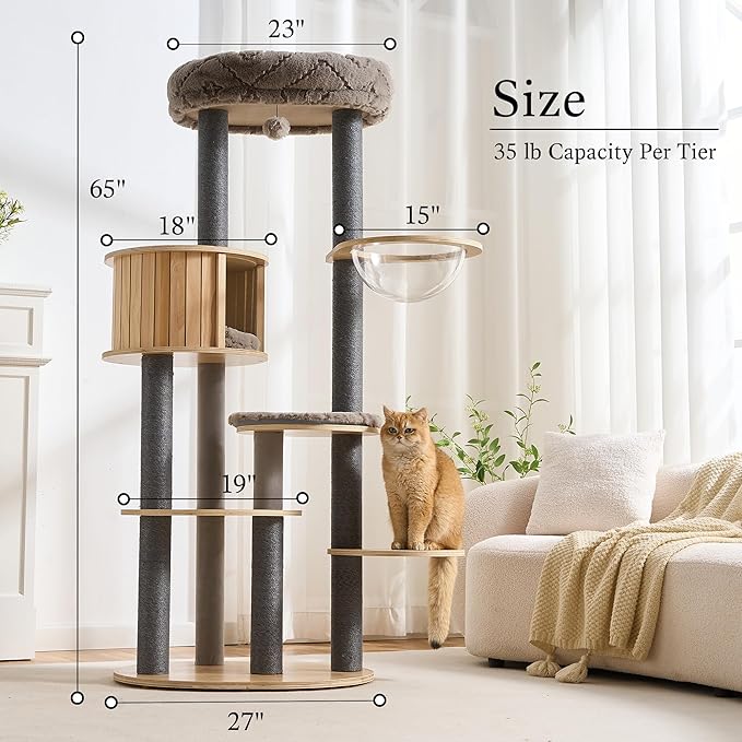 797Audio Wood Modern Cat Tree, 65" Cat Tower with Sisal Scratching Posts, Cat Condo, Capsule and Bed, Solid Wooden Aesthetic Multi-Level Cat Climbing Tree for Large Adult Indoor Maine Coon Cats-Gray