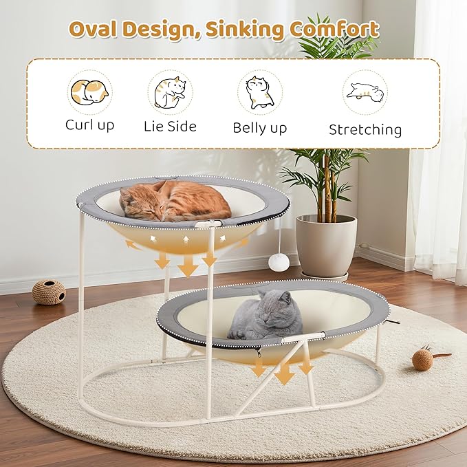 Erinnyees 2-Tier Elevated Cat Hammock Bed, Breathable Oxford for Multi-Cat Households, with Removable Washable Mesh, Sturdy Triangular Base & Steel Frame, Mesh Pet Furniture for Indoor & Outdoor Use