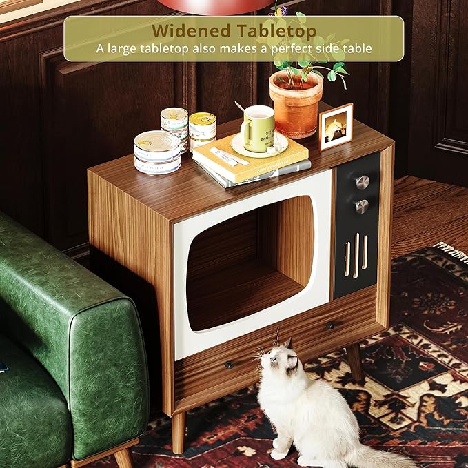 IRONCK TV-Shaped Cat House for Indoor – Vintage Wooden Cat Condo with Drawers, 2-in-1 Side Table & Nightstand for Living Room, Walnut