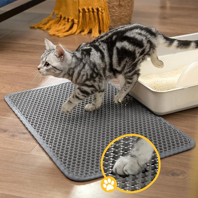 Cat Litter Mat-24"X18" Litter Box Mat for Kitty, EVA Honeycomb Double Layer Design, Urine & Waterproof Scatter Control, Less Waste, Easier To Clean,Non Slip, Gray