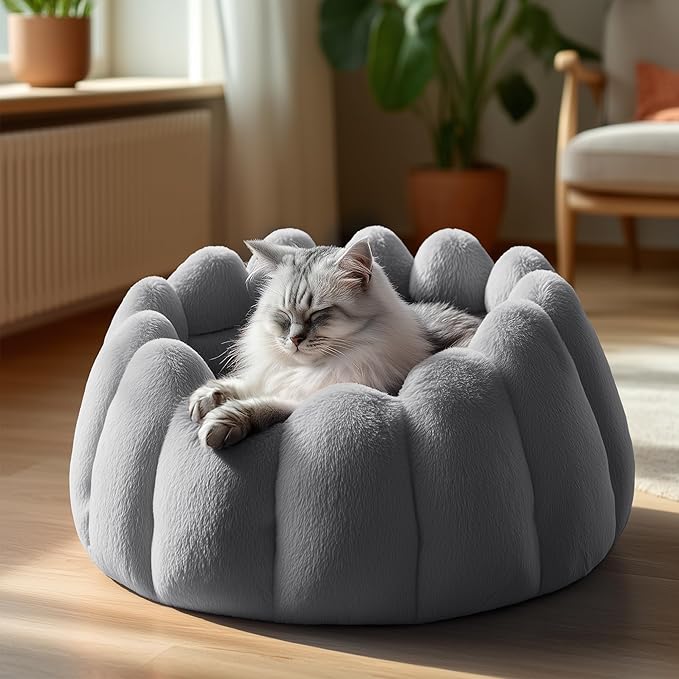 PETNOVO Grey Pumpkin Cat Bed, Plush Donut Cuddler with High Bolster, Non-Slip Cozy Pet Nest for Indoor Cats up to 13 lb and Small Dogs, 20L x 20W x 12H Inch