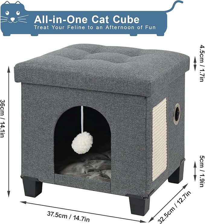 BRIAN & DANY Cat Beds for Indoor Cats,Cat Cave House for Kitten with Scratch Board & Ball, 14.7” x 12.7” x 14.1”, Gray