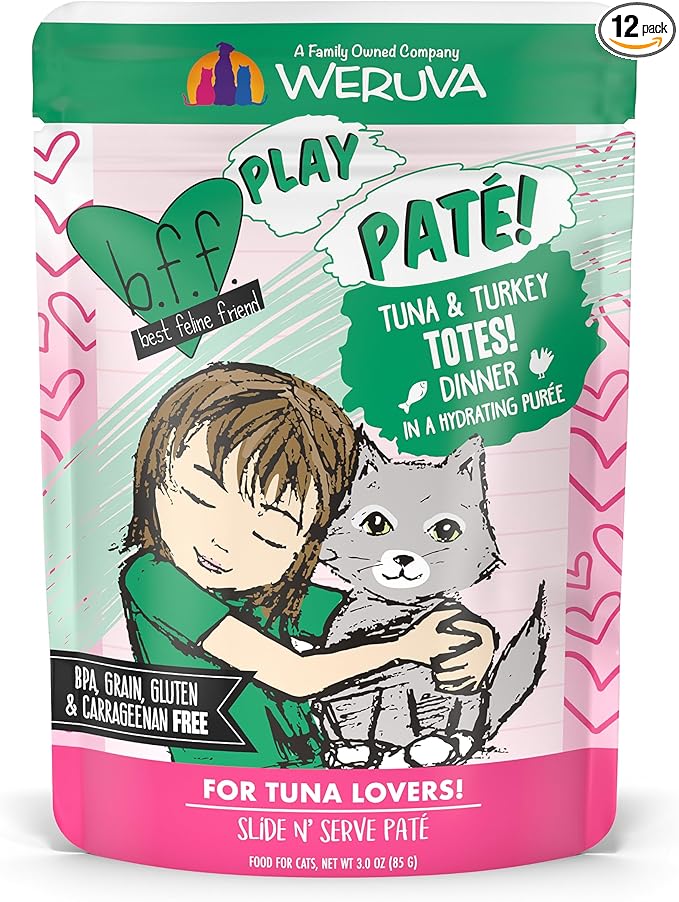 Weruva B.F.F. Play - Best Feline Friend Paté Lovers, Aw Yeah!, Tuna & Turkey Totes! with Tuna & Turkey, 3oz Pouch (Pack of 12)