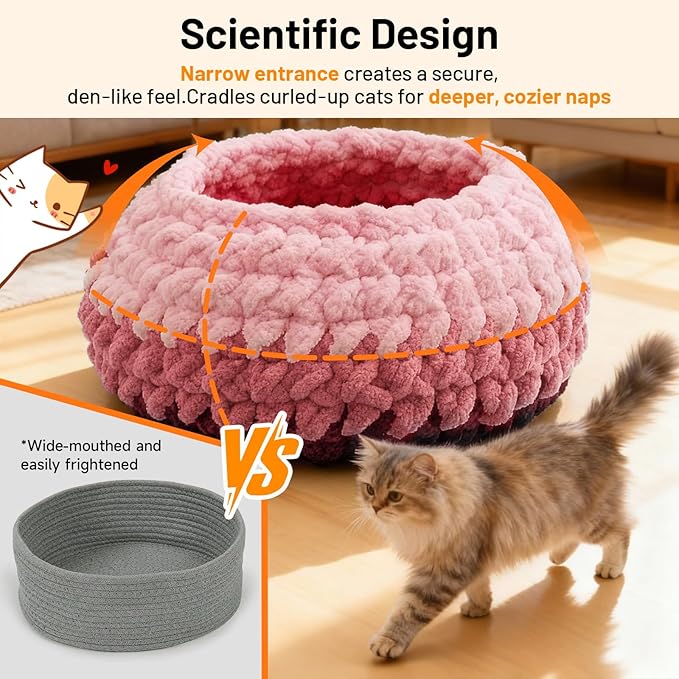 Handwoven Soft Cat Cave Bed, Indoor Cat Beds with Washable Round Nest, Kitten House & Cat Furniture, Cloud Pink
