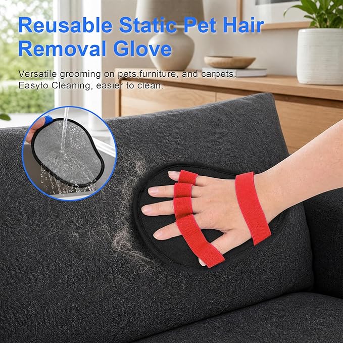 Upgraded Five-Finger Electrostatic Pet Hair Removal Gloves, Reusable Cat & Dog Hair Remover for Couch, Furniture, Carpet, Car Seat, Clothing - Magic Brush Pet Grooming Glove (Red)