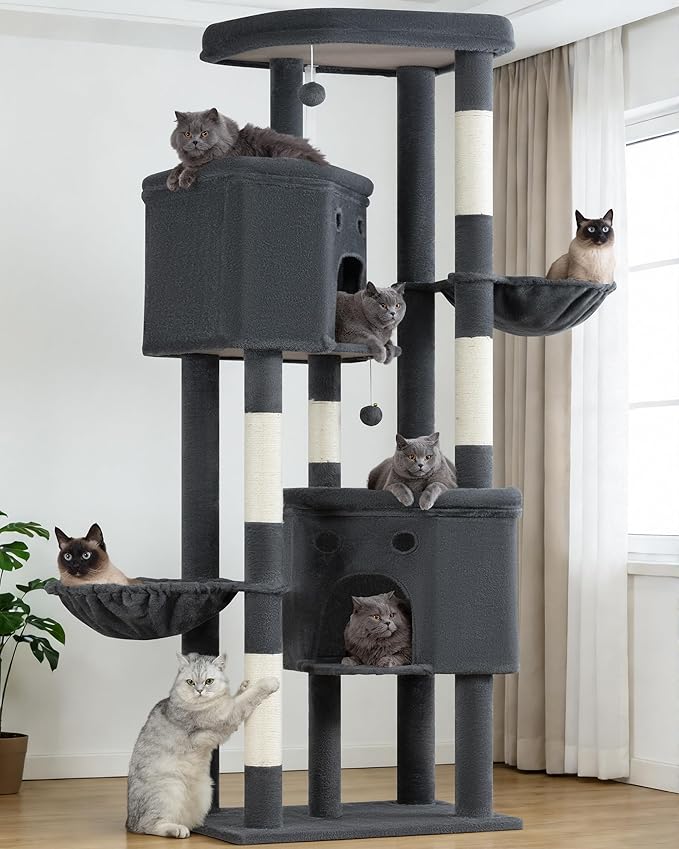 Extra Large Cat Tree, 84 Inch XXL Giant Cat Tower for Indoor Cats Large Adult 20lb+, Multi-Level Cat Climbing Condo with 5 Scratching Posts, 3 Wide Platform, 2 Baskets, 2 Cat Houses