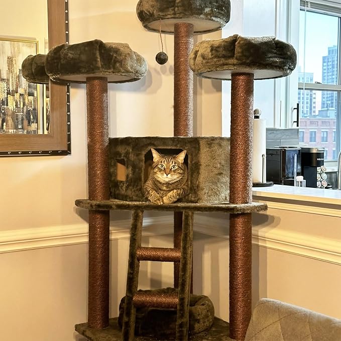 CozyCatFurniture 75" Tall Cat Tree for Multiple Cats with Condo, Green Leaves, Sisal Rope, Climbing Ladder & Three Beds on Top