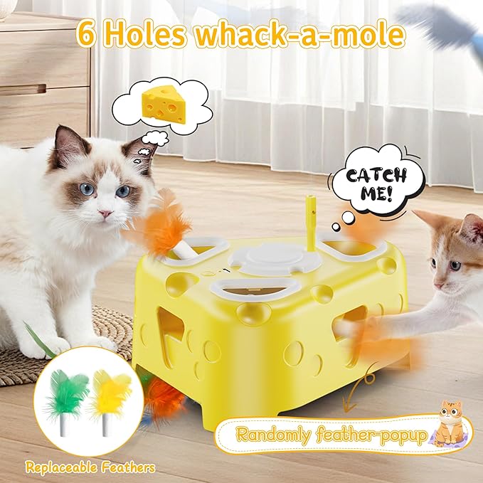 Automatic Cheese-Shaped Interactive Cat Toy – Flying Bird, 6-Hole Mole & Rotating Feather | USB Rechargeable Electronic Feather Toy for Indoor Adult Cats & Kittens, Relieves Boredom